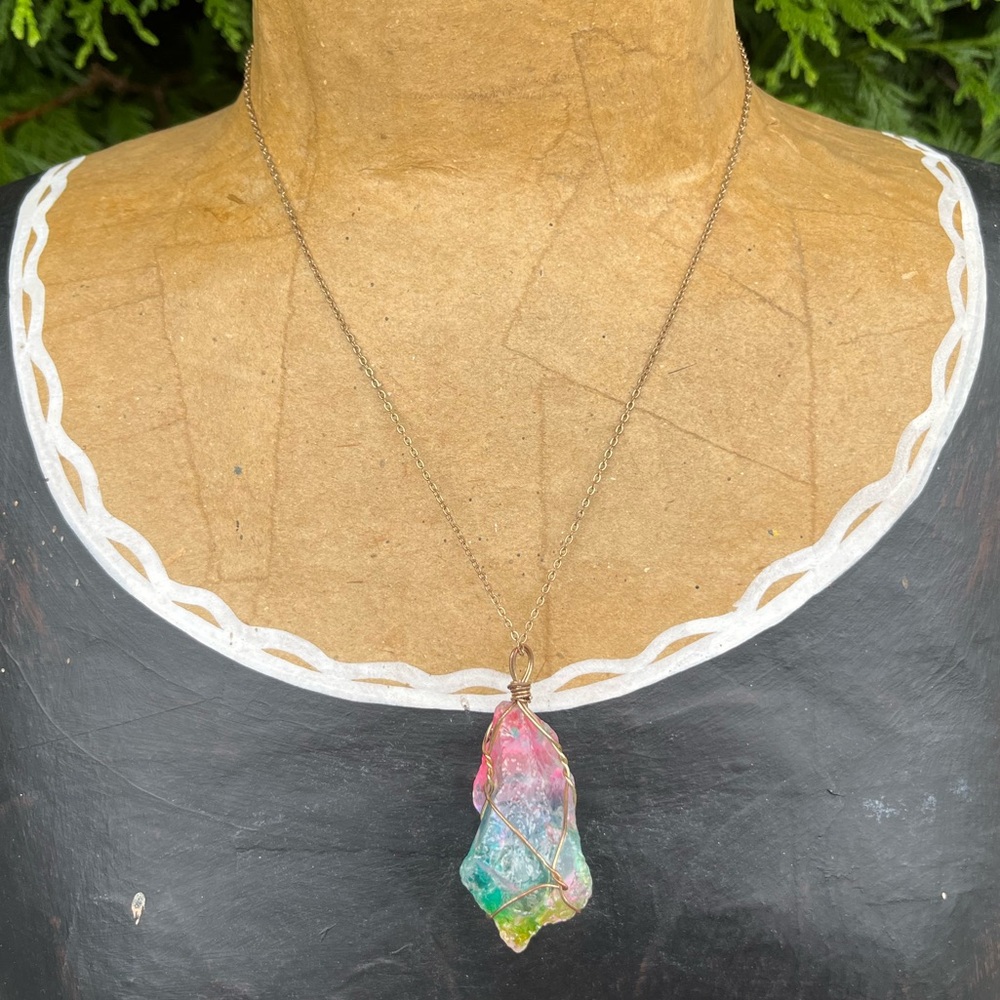 Large & Colorful Crystal Pendant Necklace; Gold Tone Chain; Adjustable (20-22in)